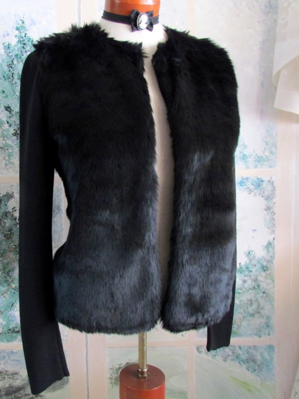 BLACK FAUX FUR JACKET, BANANA REPUBLIC, LUXURIOUS w COZY SLEEVES; NWOT